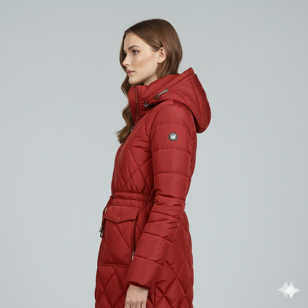 Womens Quilted Padded Jacket with Hood Knee-Length Fit