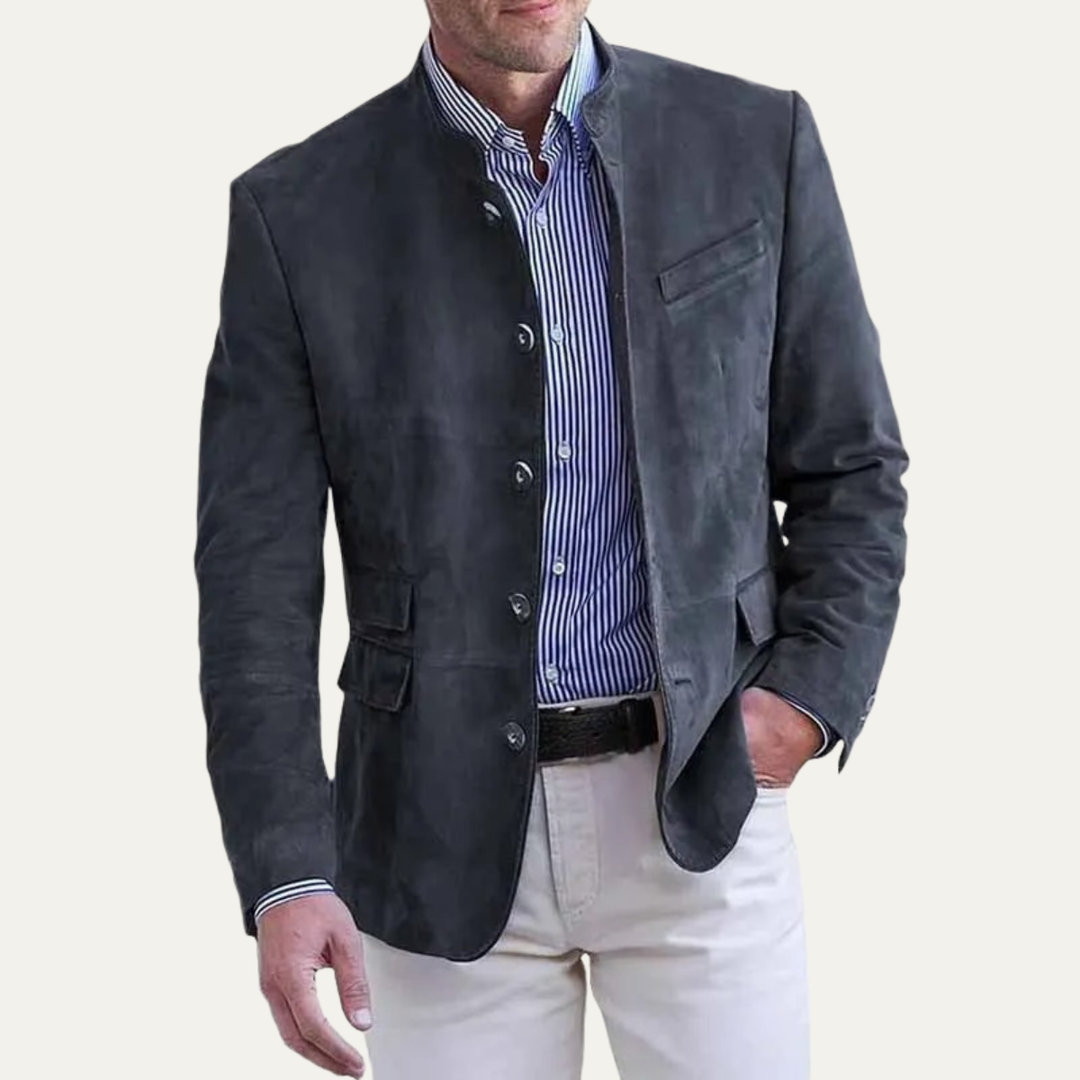 Mens Suede Blazer Jacket Smart Stand Collar Button-Up