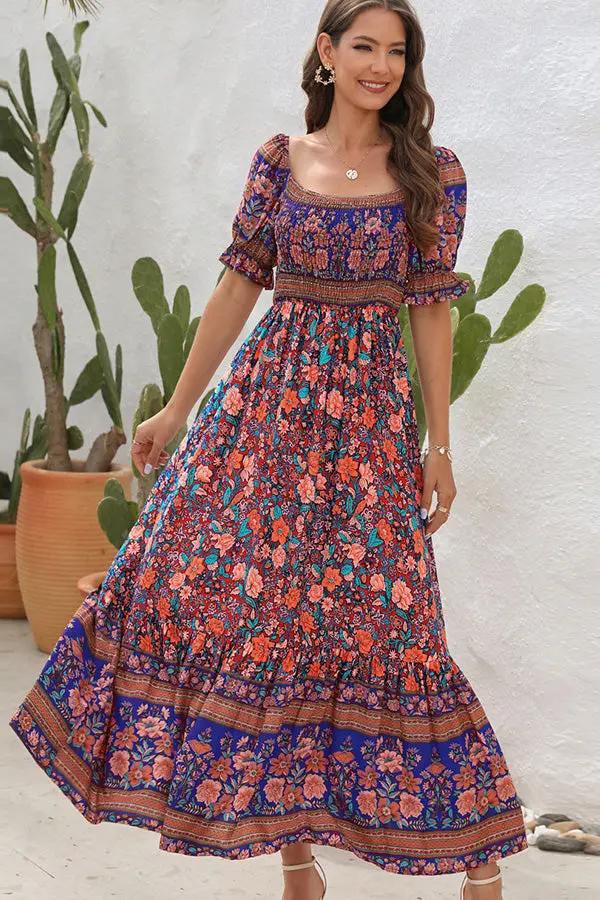 Womens Maxi Dress Printed Bohemian Smocked Short Sleeve