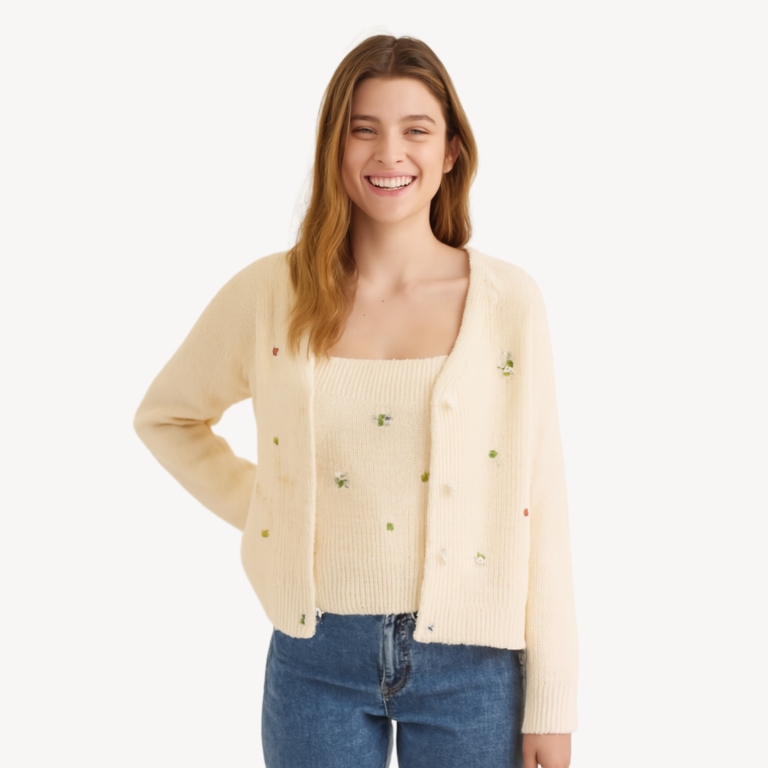 Womens Cardigan and Tank Top Set Embroidered Floral Design