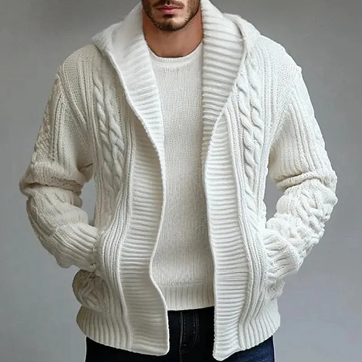 Mens Hooded Cable Knit Cardigan Winter Warm