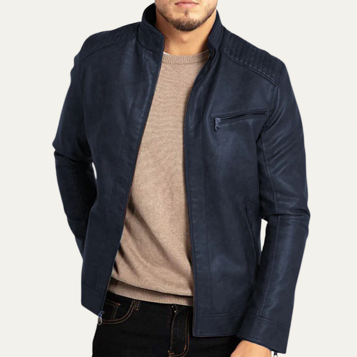 Mens Biker Jacket Faux Leather Stand Collar