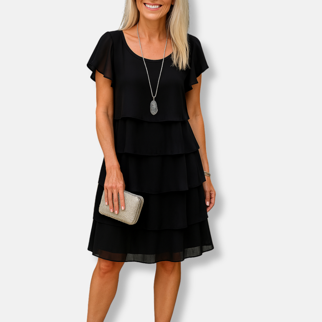 Womens A-Line Dress Tiered Scoop Neck Flutter Sleeve