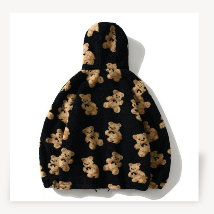 Womens Hooded Jacket with Teddy Bear Pattern Relaxed Fit