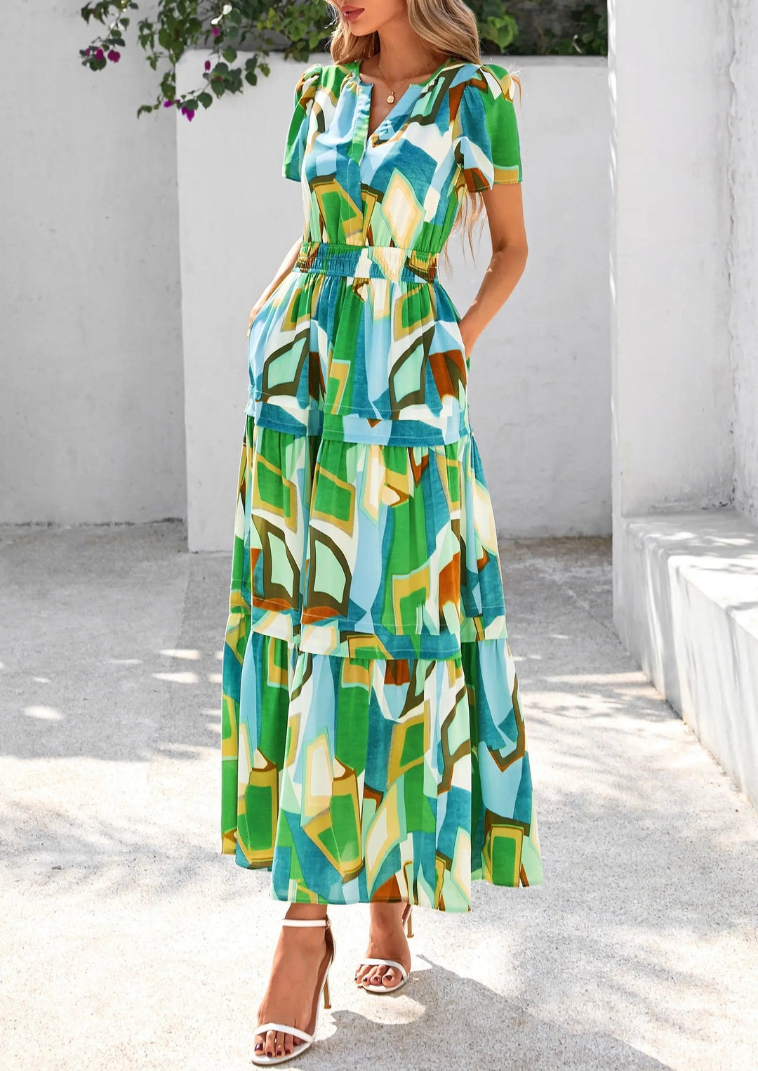 Womens Maxi Dress Floral Boho V-Neck Short Sleeve Flowy A-Line