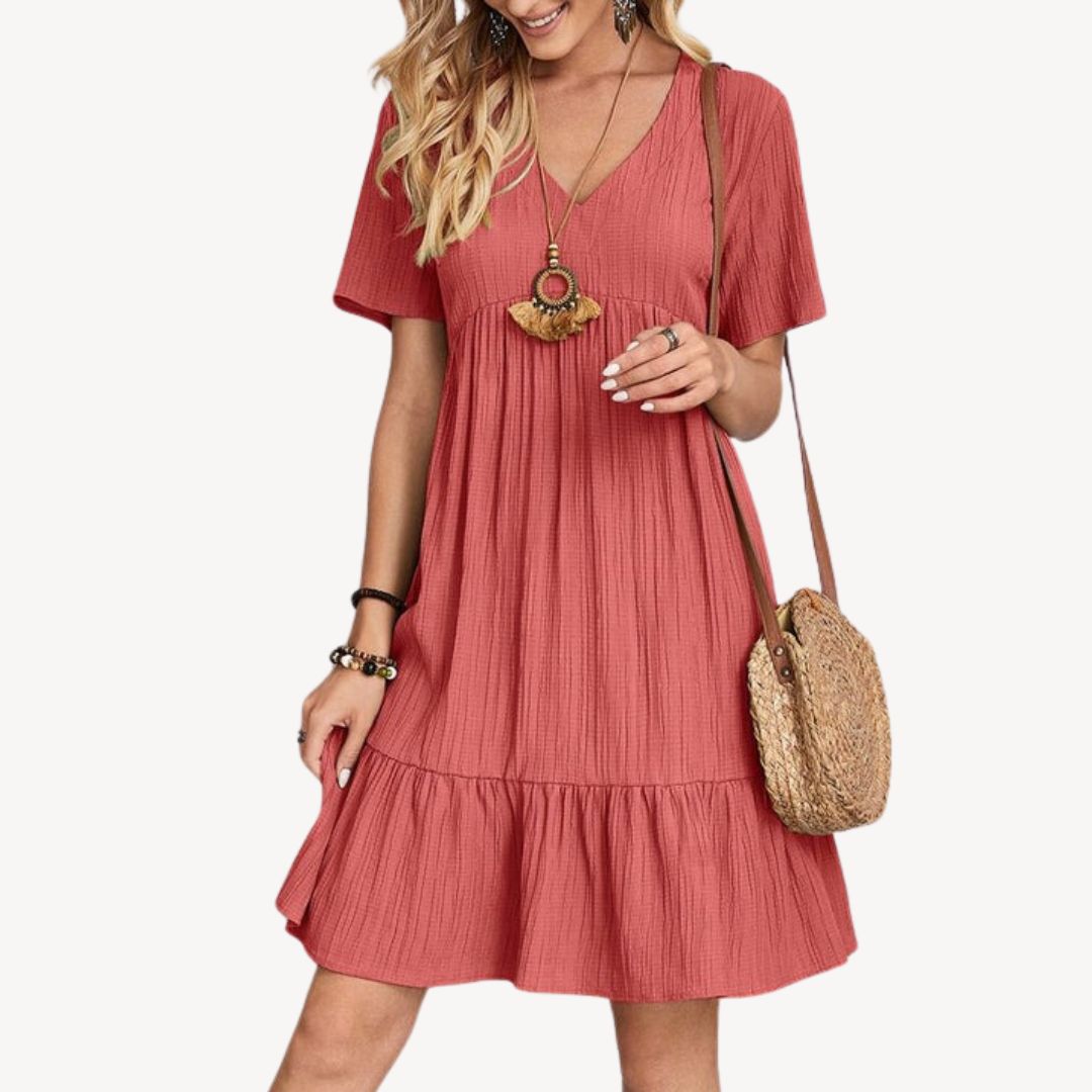 Womens Cotton Dress V-Neck Ruffle Summer