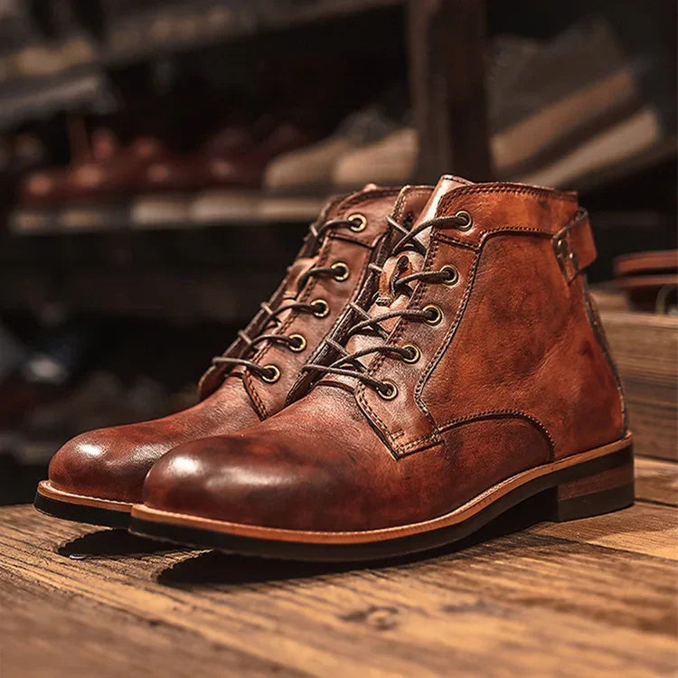 Mens Leather Ankle Boots Lace-Up Vintage Style