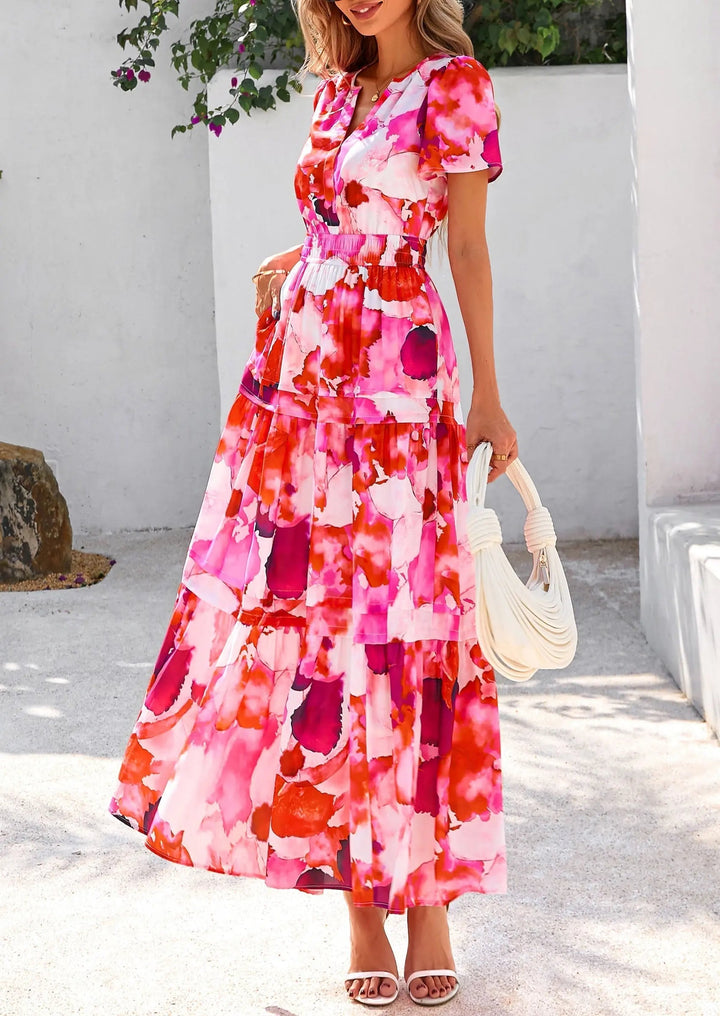 Womens Maxi Dress Floral Boho V-Neck Short Sleeve Flowy A-Line