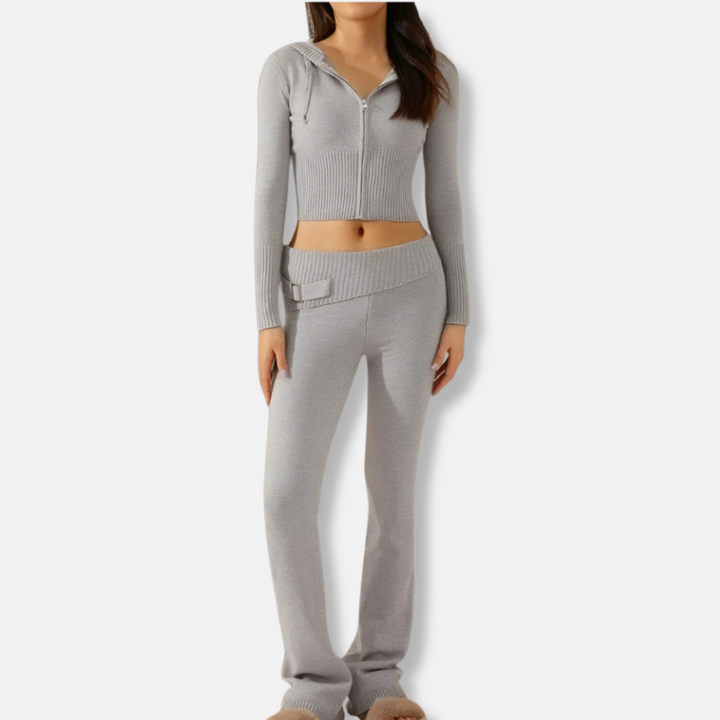 Womens Two-Piece Set Ribbed Hooded Jacket and Bootcut Pants Casual Fit