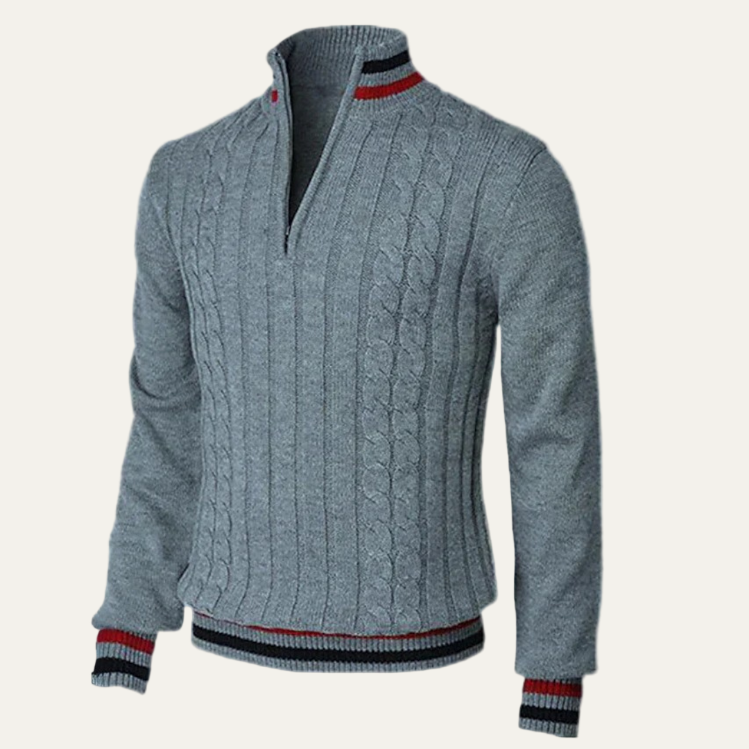 Mens Cable Knit Sweater Mock Neck Zip Front