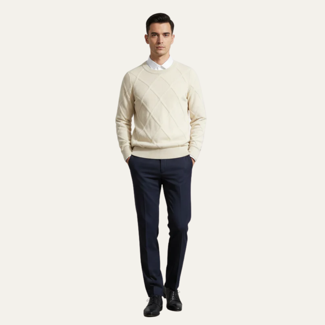 Mens Knit Sweater with Diamond Pattern Round Neck