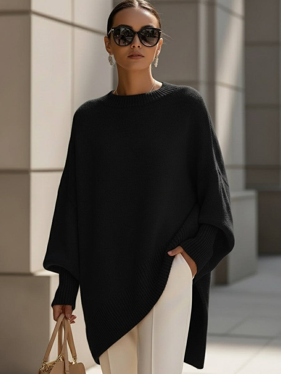 Womens Knit Poncho Sweater Crew Neck Batwing Sleeve Asymmetric