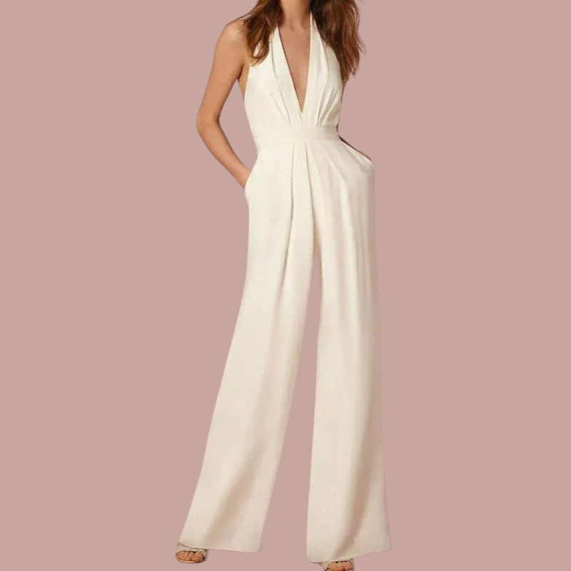 Womens Sleeveless Jumpsuit with Wide Legs and Deep V-Neck
