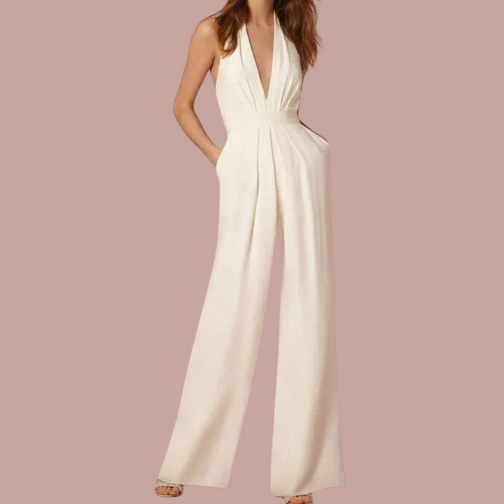 Womens Sleeveless Jumpsuit with Wide Legs and Deep V-Neck