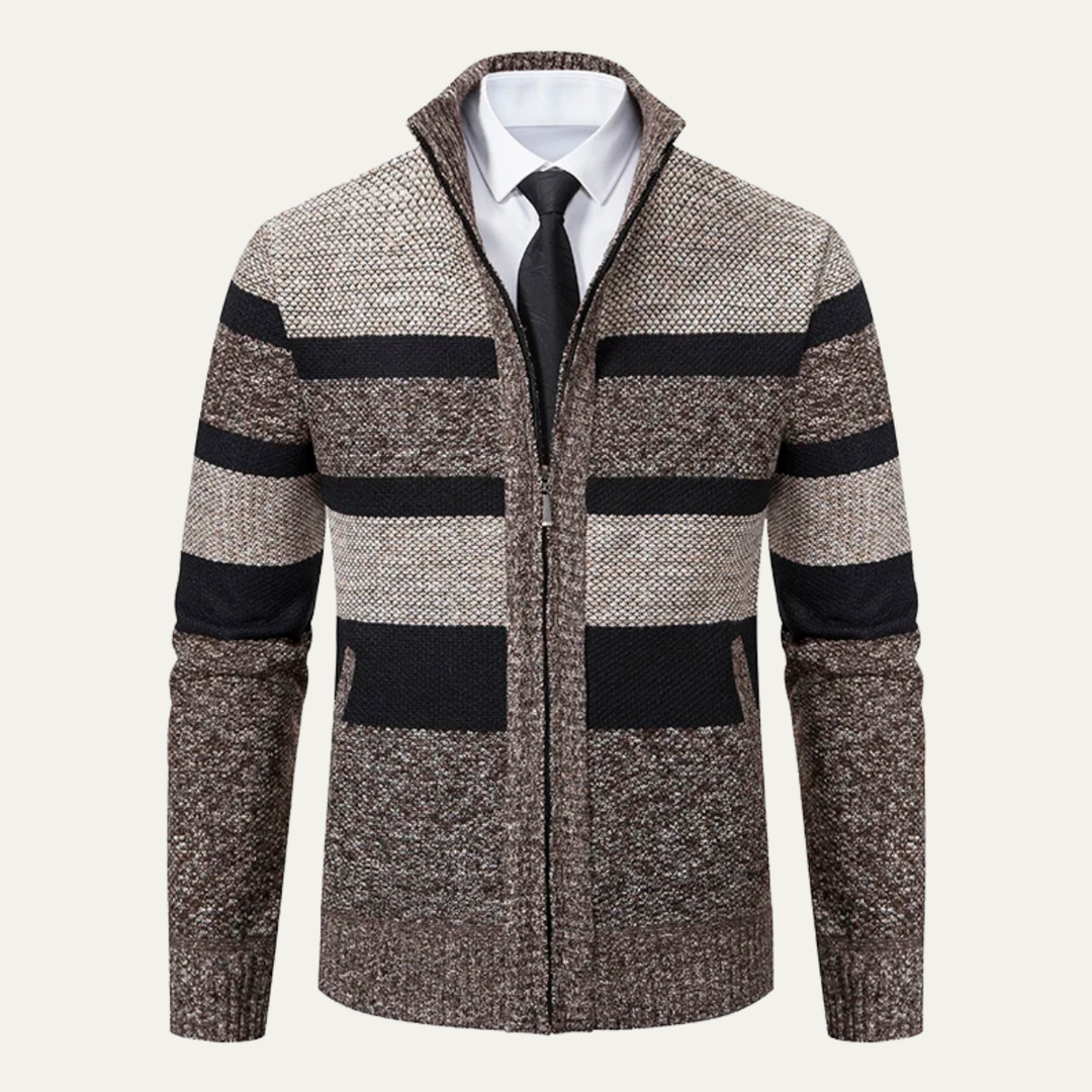 Mens Knit Zip Cardigan Striped Winter Style