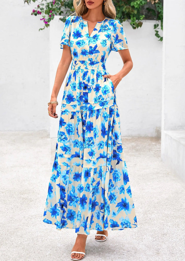Womens Maxi Dress Floral Boho V-Neck Short Sleeve Flowy A-Line