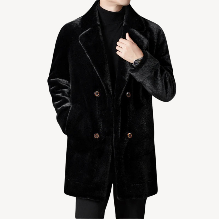 Mens Double-Breasted Overcoat with Faux Fur Collar