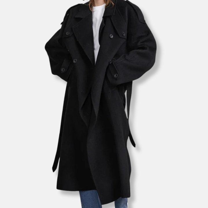 Womens Trench Coat Wool Blend Oversized Double Breasted Belted