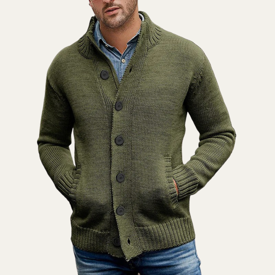 Mens Button Cardigan Chunky Knit Mock Neck