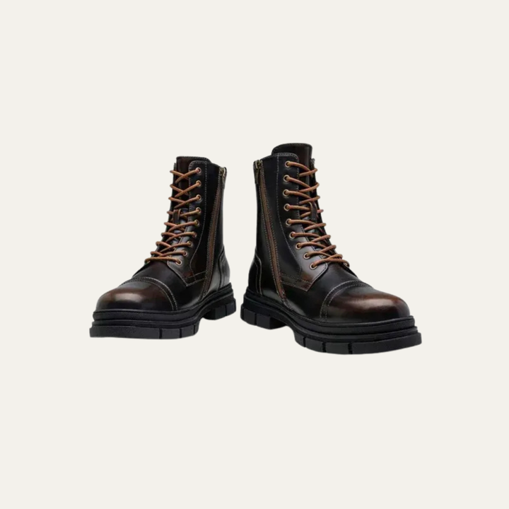 Mens Combat Boots Leather Cap Toe Side Zipper