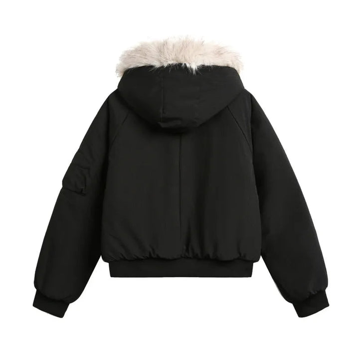 Womens Bomber Jacket Faux Fur Hood Casual Fit - BritishMode