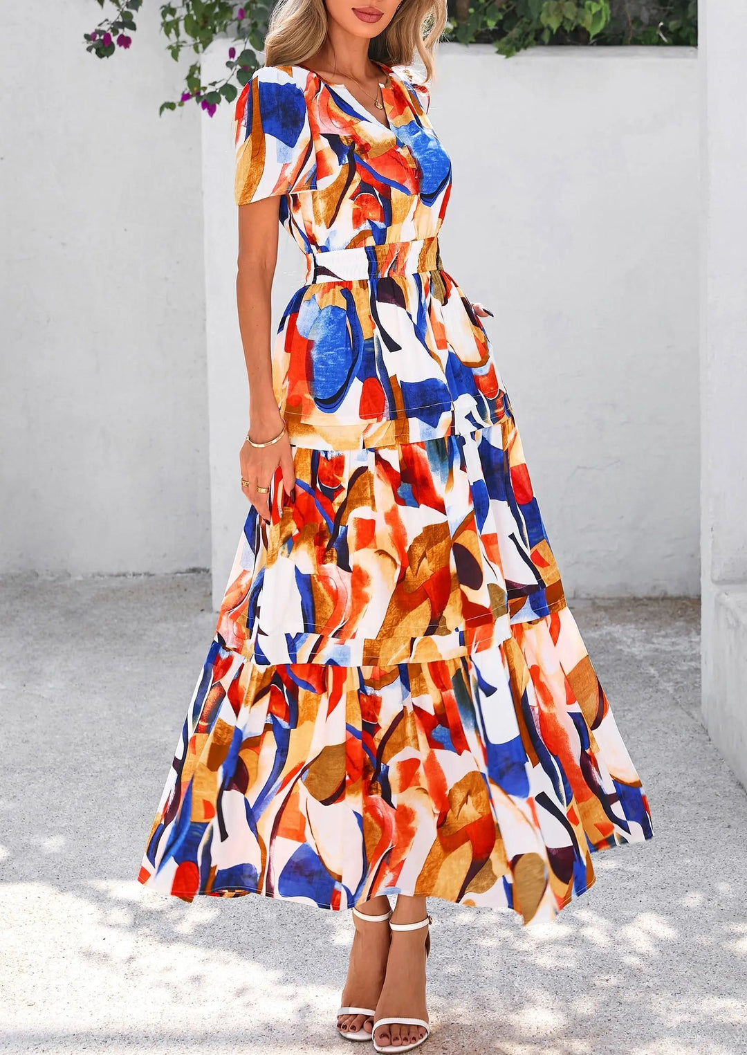 Womens Maxi Dress Floral Boho V-Neck Short Sleeve Flowy A-Line