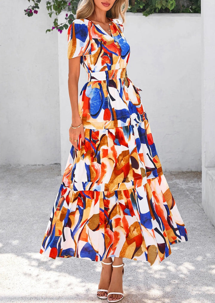 Womens Maxi Dress Floral Boho V-Neck Short Sleeve Flowy A-Line