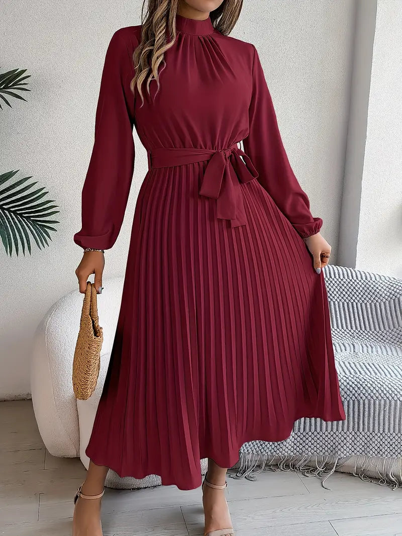 Womens A-Line Dress with Waist Belt Knee Length