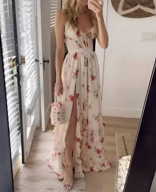 Womens Long Evening Dress Floral Pattern Elegant Fit