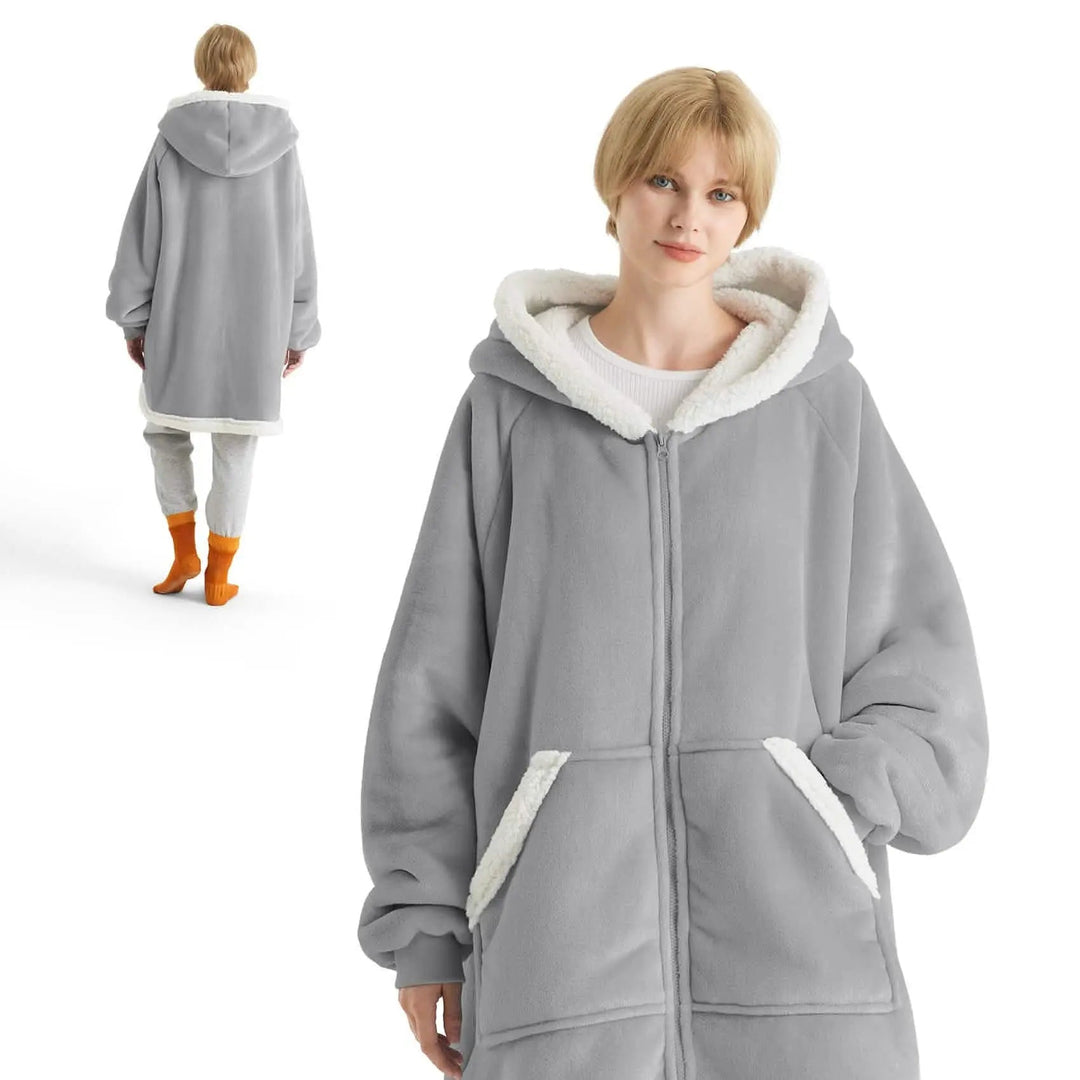 Unisex Wearable Blanket Hoodie Sherpa Fleece Zippered Warm