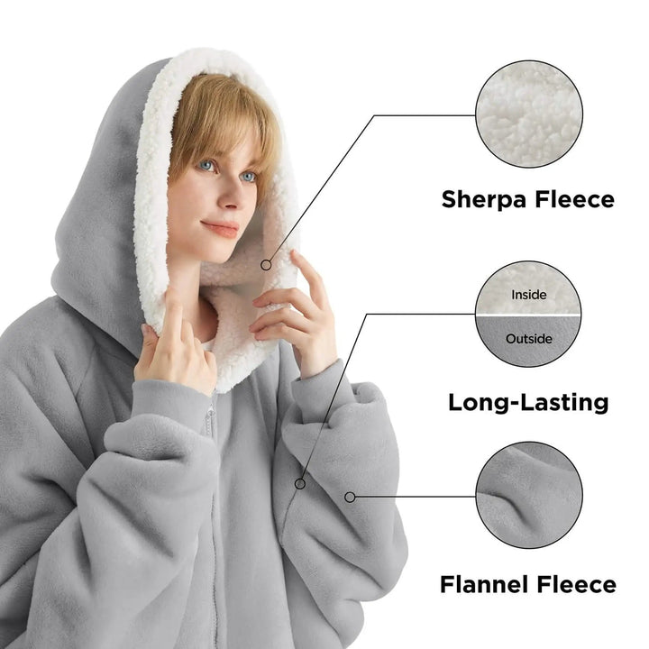 Unisex Wearable Blanket Hoodie Sherpa Fleece Zippered Warm