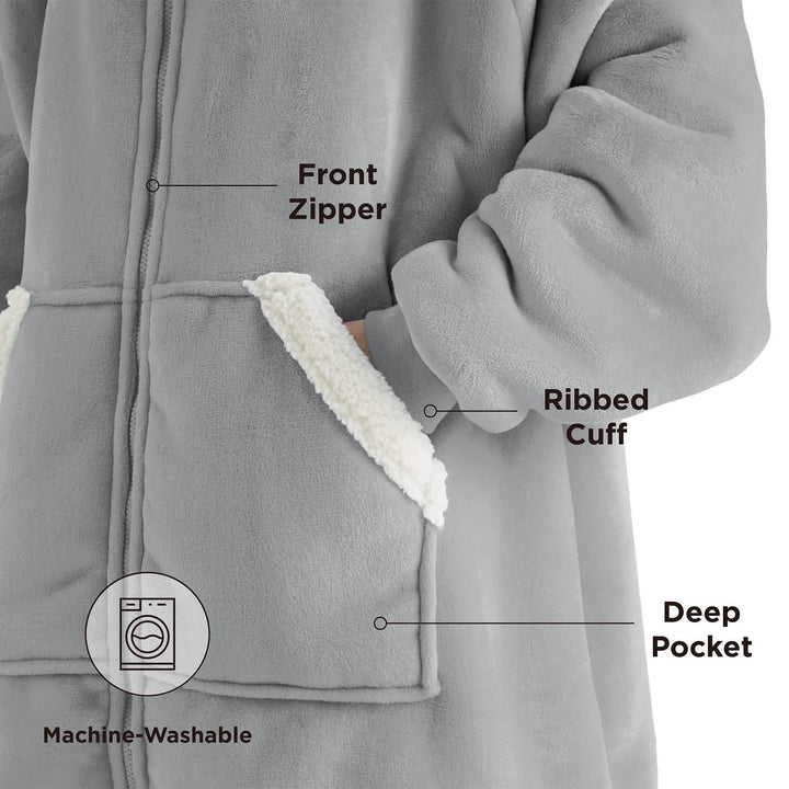 Unisex Wearable Blanket Hoodie Sherpa Fleece Zippered Warm