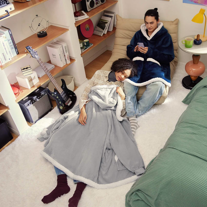 Unisex Wearable Blanket Hoodie Sherpa Fleece Zippered Warm