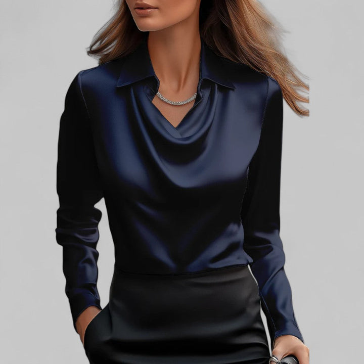 Womens Satin Blouse with Lace Point Collar and Cowl Neck Long Sleeve