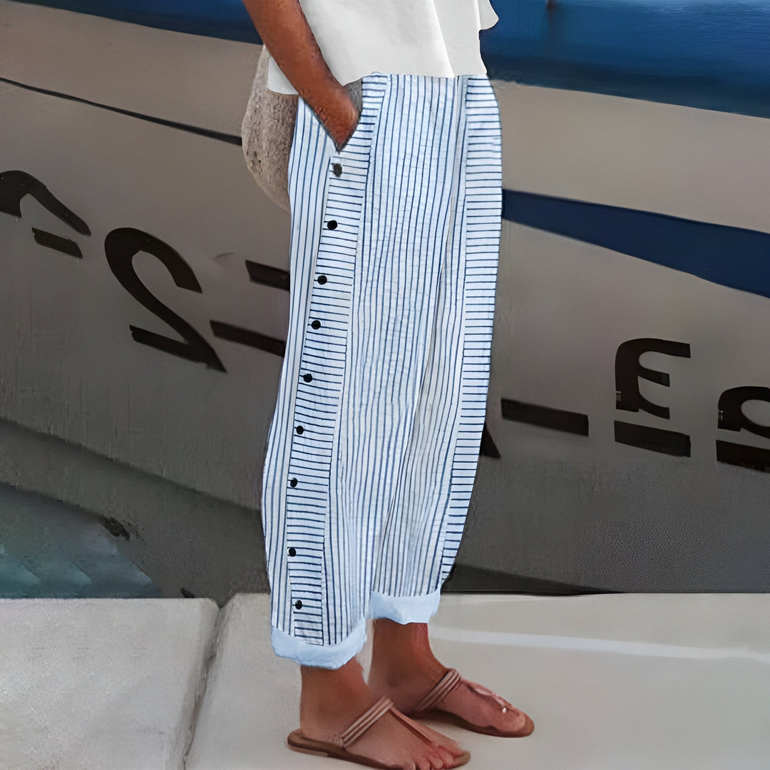Womens Cropped Wide-Leg Trousers Button-Side Relaxed Fit - BritishMode