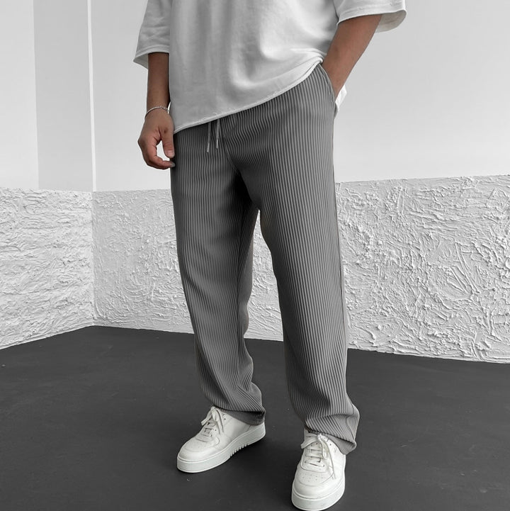 Mens Casual Trousers Pinstripe Drawstring Waist Relaxed Fit - BritishMode