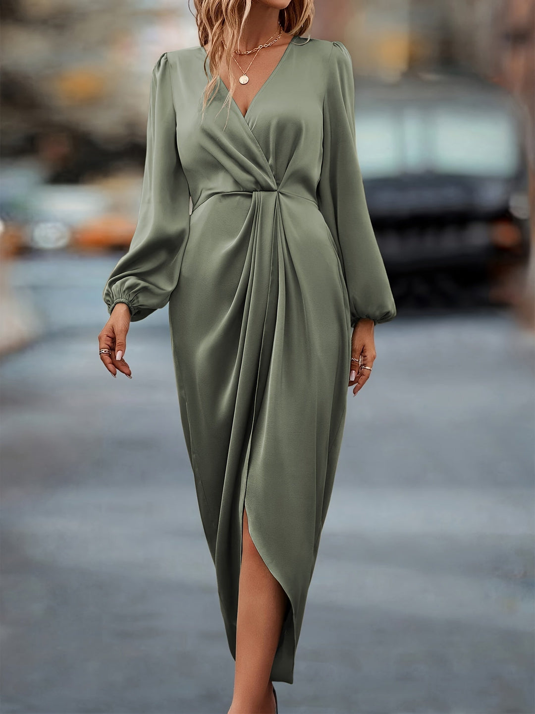 Womens Evening Dress V-Neck Long Sleeve Elegant Fit