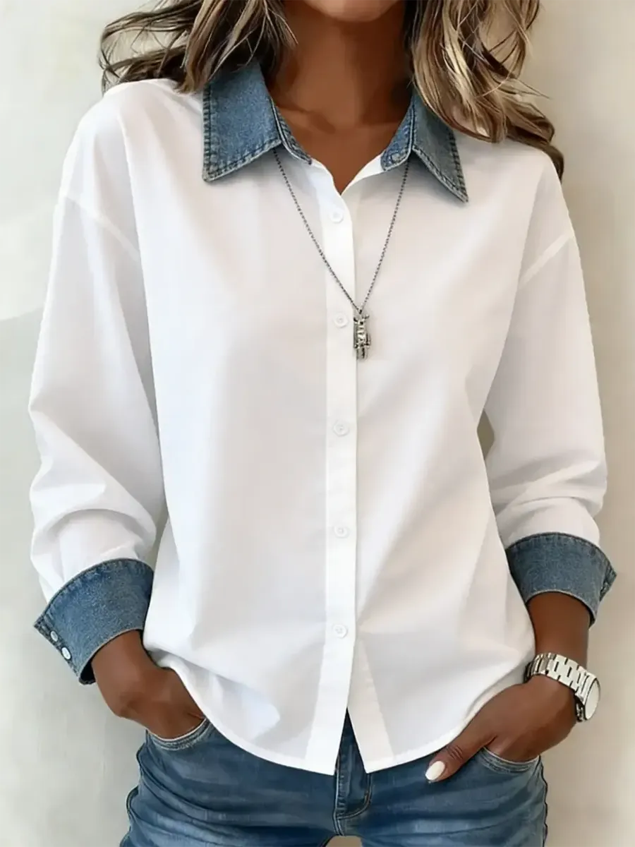 Womens Denim Shirt Long Sleeve Collared Button Down - BritishMode