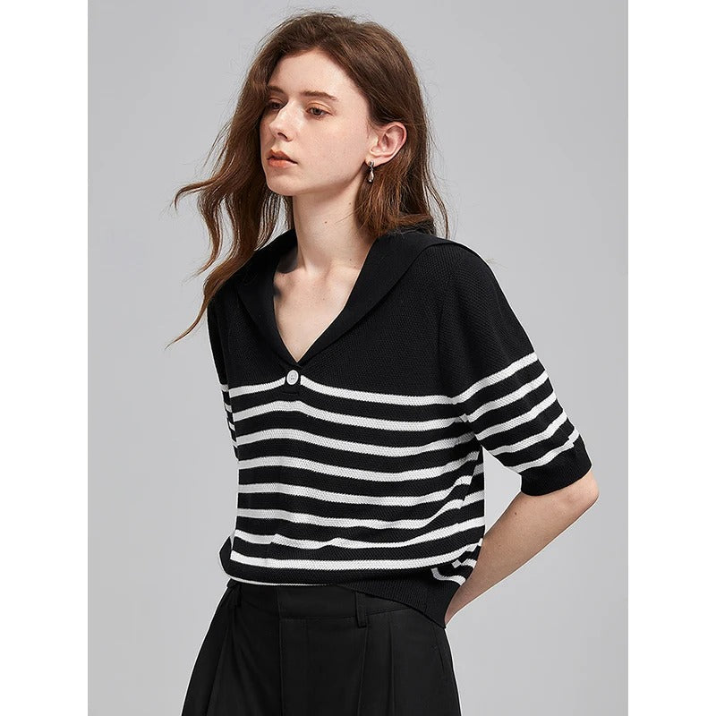 Womens Crew Neck Sweater with Striped Pattern Classic Fit - BritishMode