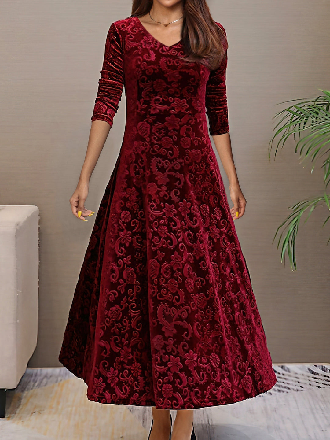 Womens Velvet Evening Dress Long Sleeve Elegant Fit