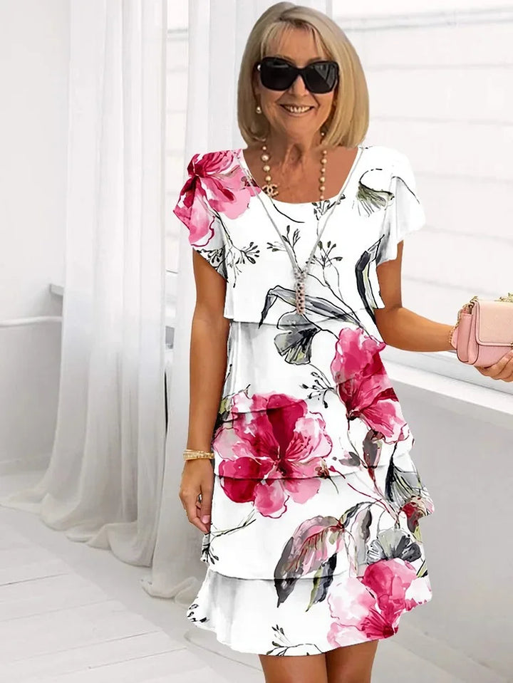 Womens Midi Dress Floral Pattern Waterfall Cut Airy Fit