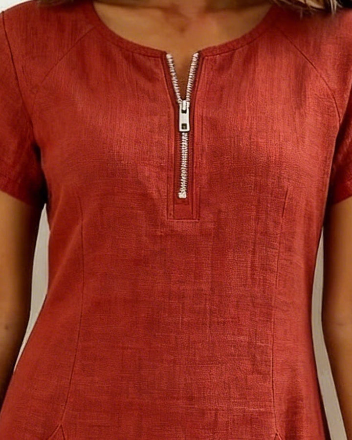 Womens Shift Dress Short Sleeve Zip Neck with Pockets