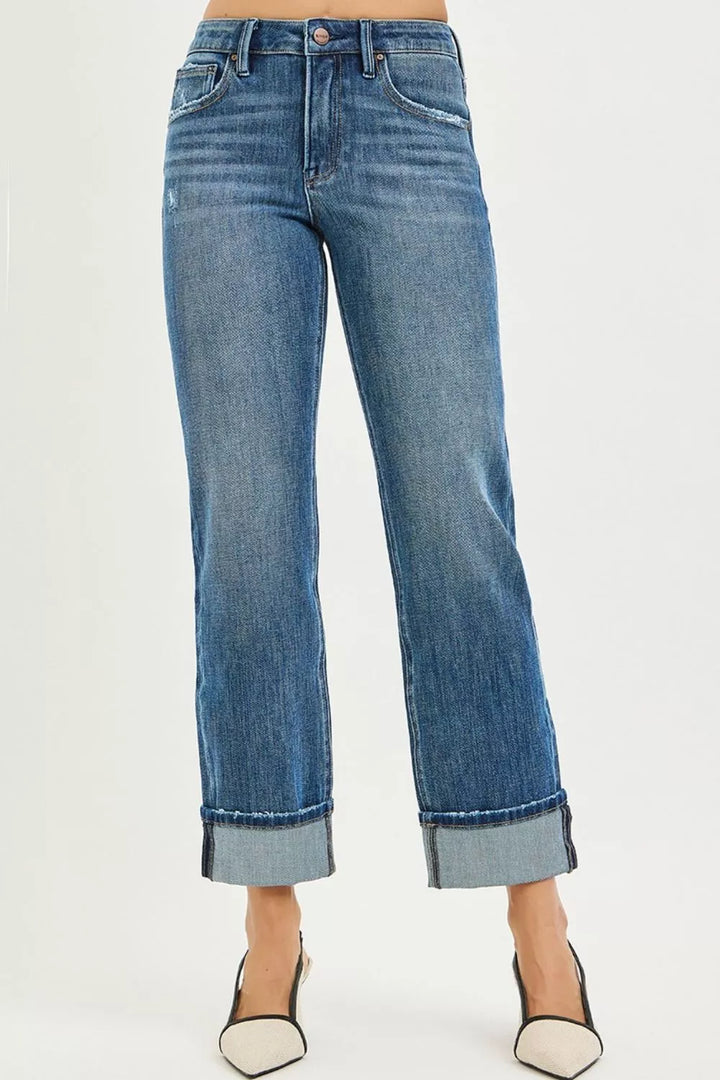 Womens Plus Size Stretch Jeans Comfortable Fit Straight Leg Cuffed - BritishMode
