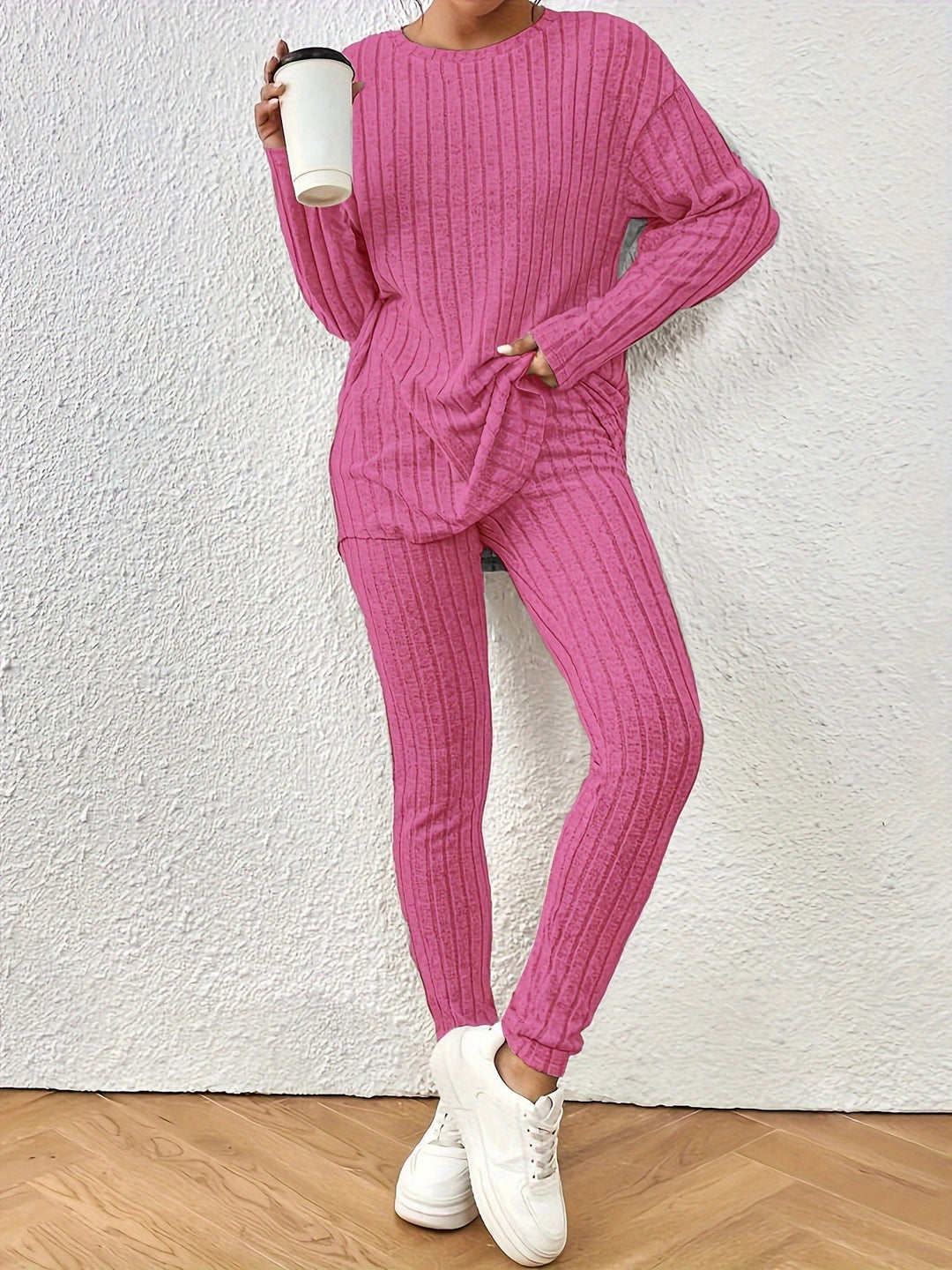 Womens 2-Piece Long Sleeve Tee and High Waist Pants Set Comfortable