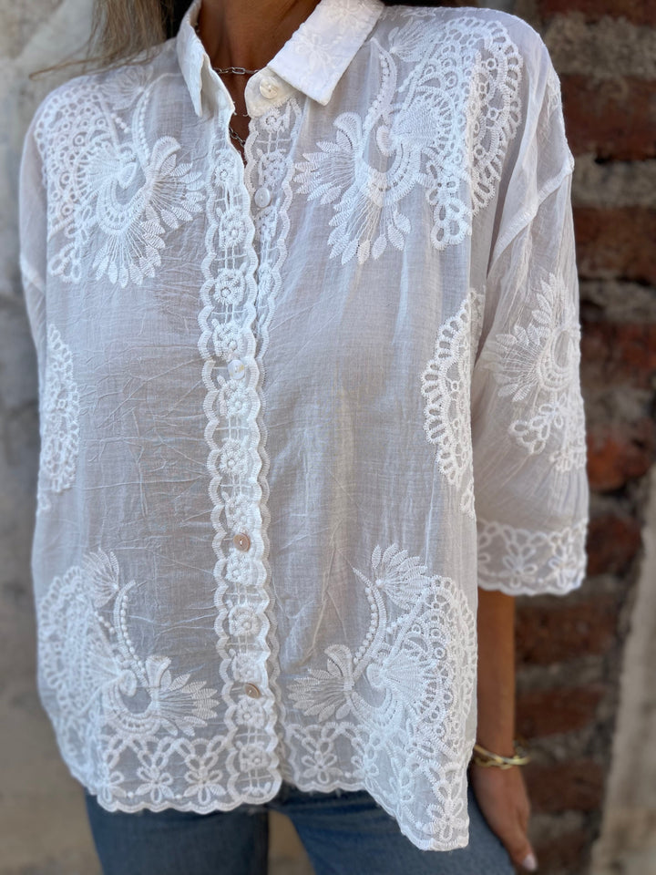 Womens Lace Blouse Embroidered Long Sleeve Button-Down