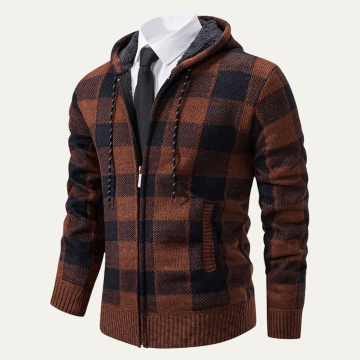 Mens Casual Knitted Jacket Zip Hooded Plaid