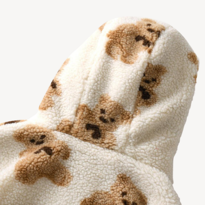 Womens Hooded Jacket with Teddy Bear Pattern Relaxed Fit