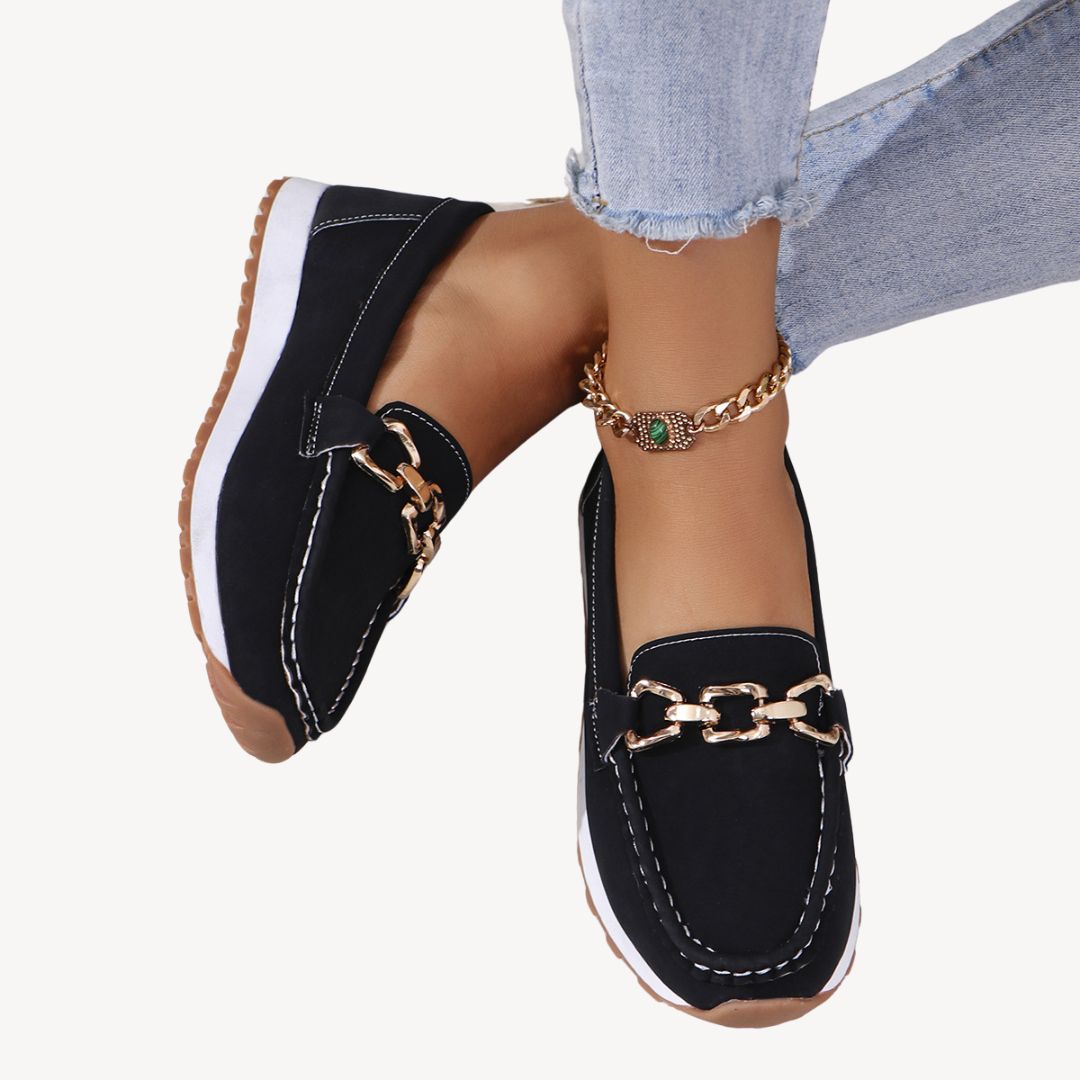 Womens Orthopedic Suede Loafers with Chain Detail