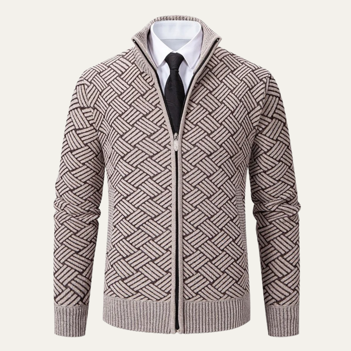 Mens Knit Jacket Diamond Pattern Stand Collar Elegant Fit
