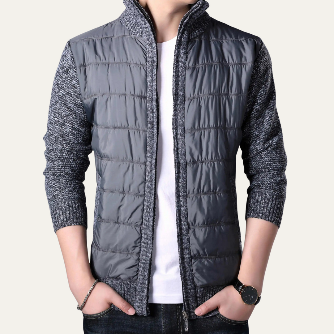 Mens Puffer Jacket Knit Sleeves Zip-Up Winter